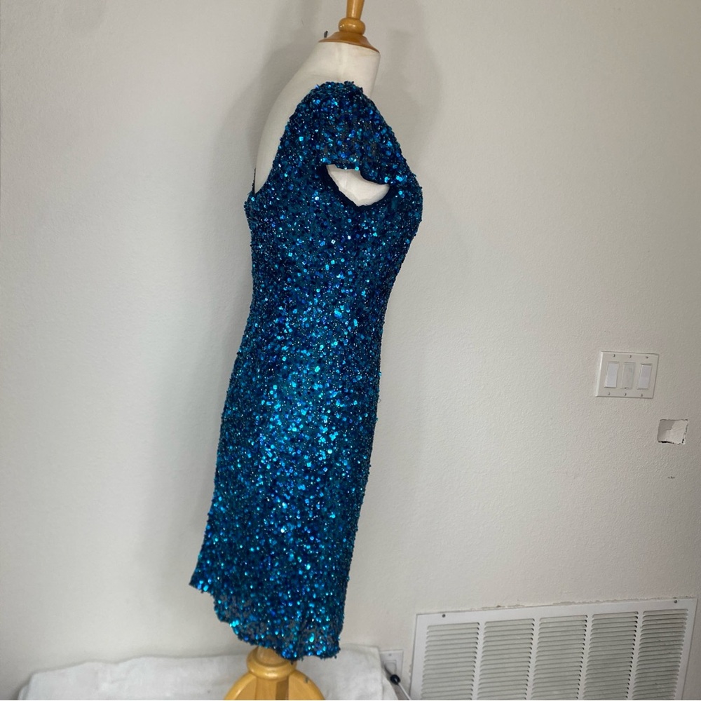 Vintage Women's Scala Blue Beaded Cap Sleeve Sheath Dress Size 14 Party Glam - Picture 4 of 16